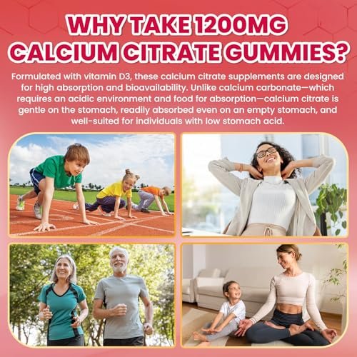 Calcium Citrate Gummies - 1200mg Calcium Gummies für Frauen und Männer mit Vitamin D3, K2, Magnesium, Zink - Hoch absorbierbar für Knochen-, Muskel- und Immununterstützung, Erdbeergeschmack, 120 Stück