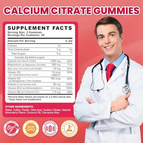 Calcium Citrate Gummies - 1200mg Calcium Gummies für Frauen und Männer mit Vitamin D3, K2, Magnesium, Zink - Hoch absorbierbar für Knochen-, Muskel- und Immununterstützung, Erdbeergeschmack, 120 Stück