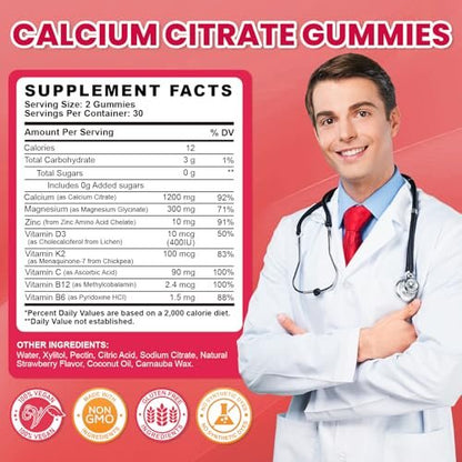 Calcium Citrate Gummies - 1200mg Calcium Gummies für Frauen und Männer mit Vitamin D3, K2, Magnesium, Zink - Hoch absorbierbar für Knochen-, Muskel- und Immununterstützung, Erdbeergeschmack, 120 Stück