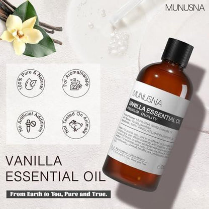 MUNUSNA Vanille ätherisches Öl, 100% natürlich und rein, 100 ml, Premium-Qualität für Aromatherapie, Diffuser, Luftbefeuchter, Hautpflege, Kerzen- und Seifenherstellung