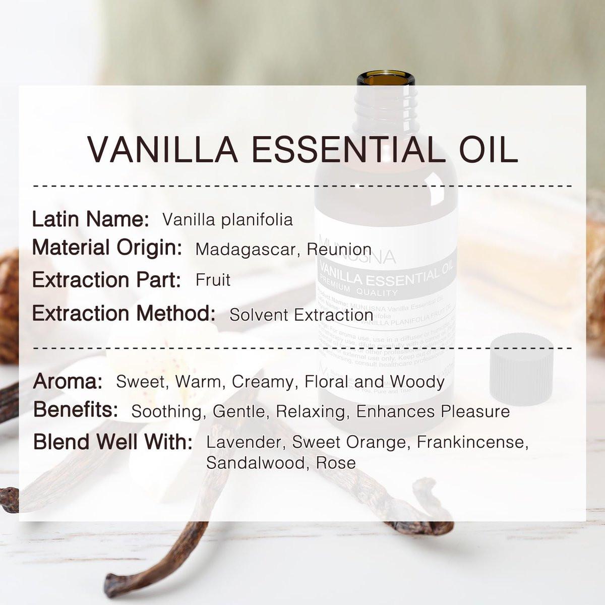 MUNUSNA Vanille ätherisches Öl, 100% natürlich und rein, 100 ml, Premium-Qualität für Aromatherapie, Diffuser, Luftbefeuchter, Hautpflege, Kerzen- und Seifenherstellung
