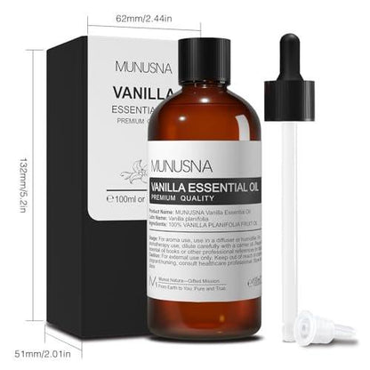 MUNUSNA Vanille ätherisches Öl, 100% natürlich und rein, 100 ml, Premium-Qualität für Aromatherapie, Diffuser, Luftbefeuchter, Hautpflege, Kerzen- und Seifenherstellung