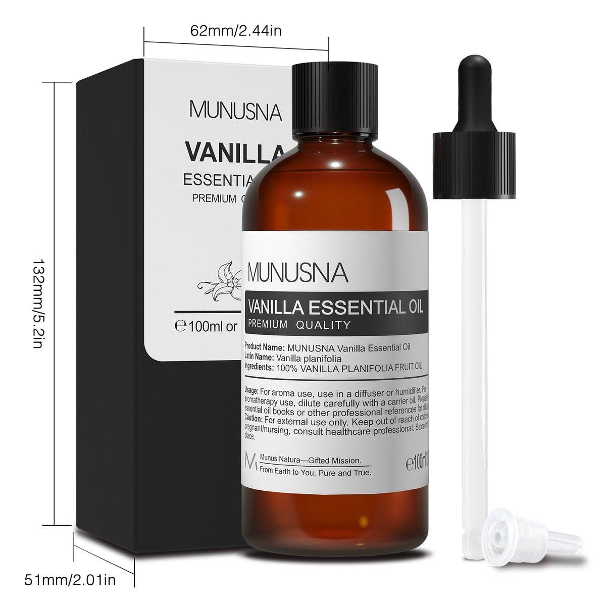 MUNUSNA Vanille ätherisches Öl, 100% natürlich und rein, 100 ml, Premium-Qualität für Aromatherapie, Diffuser, Luftbefeuchter, Hautpflege, Kerzen- und Seifenherstellung