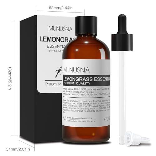 MUNUSNA Lemongrass Ätherisches Öl, 100 % natürlich & rein, 100 ml – Premium-Öl für Diffuser, Hautpflege, Wäsche, Spray, Kerzen- und Seifenherstellung