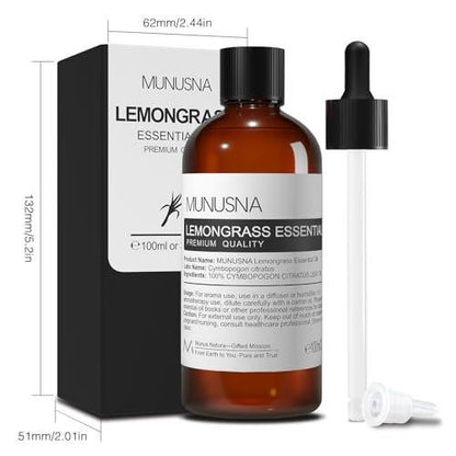 MUNUSNA Lemongrass Ätherisches Öl, 100 % natürlich & rein, 100 ml – Premium-Öl für Diffuser, Hautpflege, Wäsche, Spray, Kerzen- und Seifenherstellung