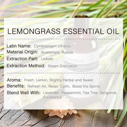 MUNUSNA Lemongrass Ätherisches Öl, 100 % natürlich & rein, 100 ml – Premium-Öl für Diffuser, Hautpflege, Wäsche, Spray, Kerzen- und Seifenherstellung