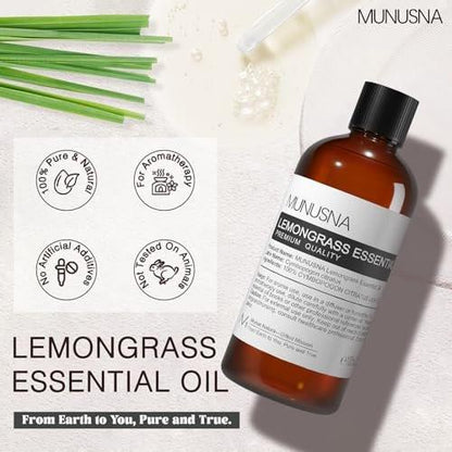 MUNUSNA Lemongrass Ätherisches Öl, 100 % natürlich & rein, 100 ml – Premium-Öl für Diffuser, Hautpflege, Wäsche, Spray, Kerzen- und Seifenherstellung