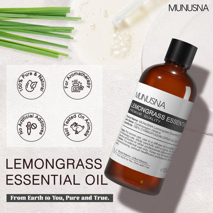 MUNUSNA Lemongrass Ätherisches Öl, 100 % natürlich & rein, 100 ml – Premium-Öl für Diffuser, Hautpflege, Wäsche, Spray, Kerzen- und Seifenherstellung