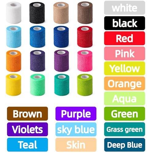 16er-Pack Selbstklebende Bandagen, 2" x 5 Yards, Vlies-Elastische Kohäsivbandage, Farbiges Sporttape für Handgelenk, Tierarztwickel, Knöchel (Mehrfarbig)