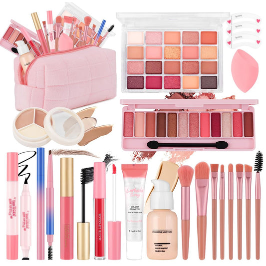All-in-One Makeup Kit für Teenager Anfänger mit Foundation, Lidschatten, Lippenstift, Eyeliner, Mascara, Pinseln, Tasche – Reisefreundliches Make-up-Set, Geburtstagsgeschenk für Mädchen, Abschlussgeschenk