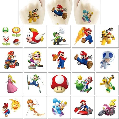 40 Blatt Mario Temporäre Tattoos – Geburtstags-Motto-Partybedarf, Dekoration, Mitgebsel, Cartoon-Aufkleber für Kinder, Jungen, zu Hause, Aktivität, Preise, Karneval, Weihnachtsbelohnungen