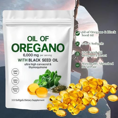 YATIME Oreganoöl mit Schwarzkümmelöl – 2-in-1 Oreganoöl Kapseln Bio, 6000 mg pro Portion, 300 Softgels, 4-fache Stärke Carvacrol & Thymochinon, Non-GMO, Glutenfrei & Immununterstützung