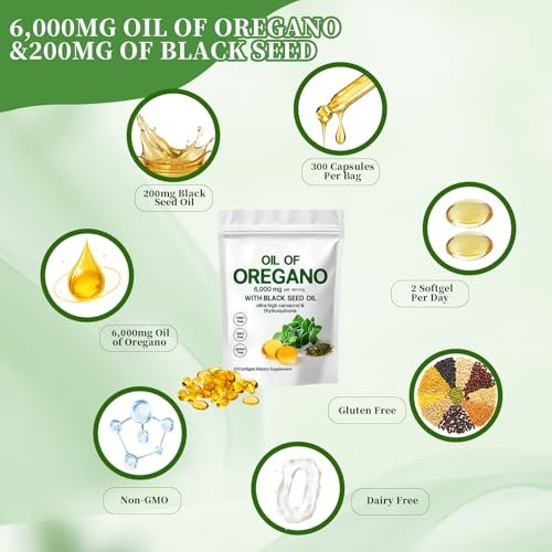 YATIME Oreganoöl mit Schwarzkümmelöl – 2-in-1 Oreganoöl Kapseln Bio, 6000 mg pro Portion, 300 Softgels, 4-fache Stärke Carvacrol & Thymochinon, Non-GMO, Glutenfrei & Immununterstützung