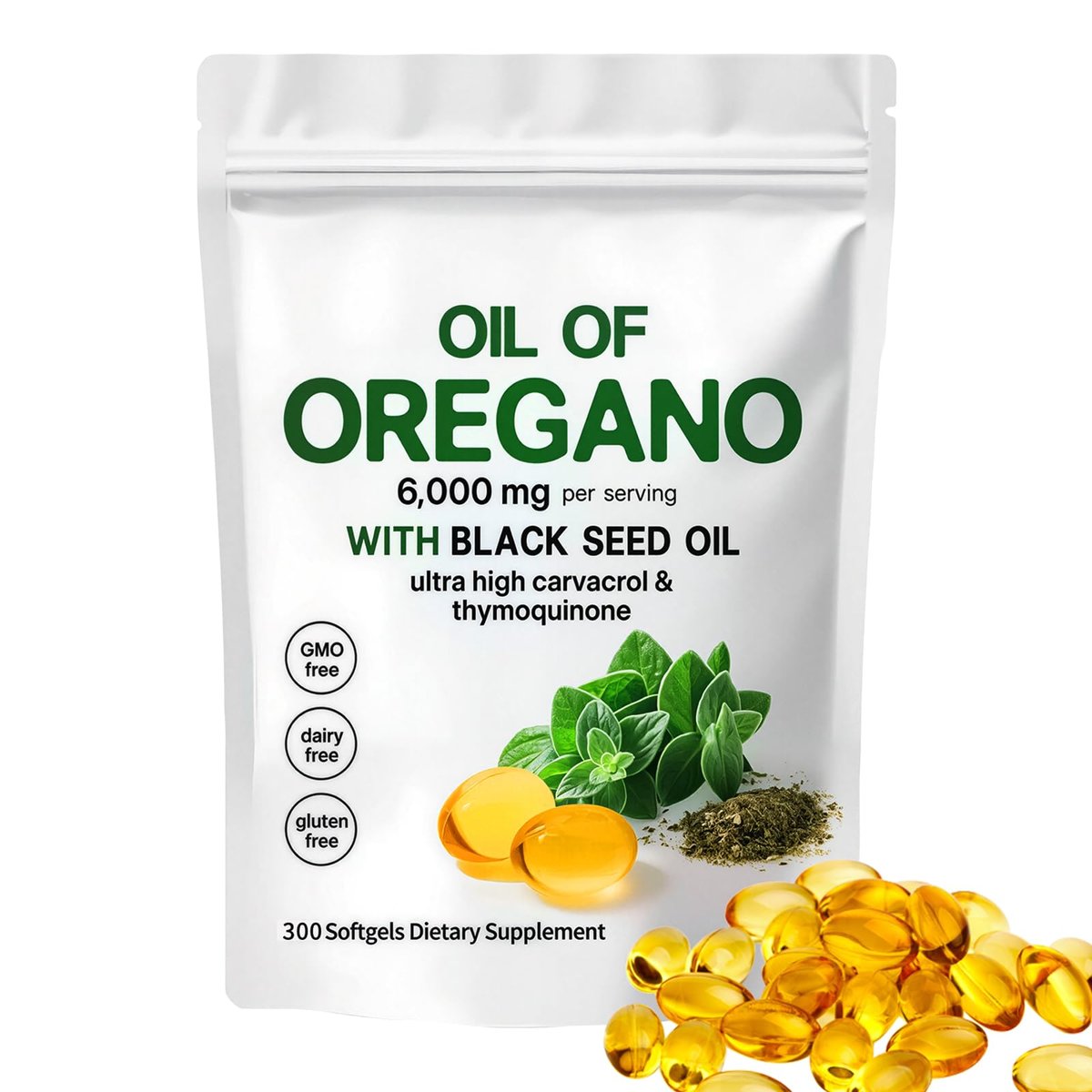 YATIME Oreganoöl mit Schwarzkümmelöl – 2-in-1 Oreganoöl Kapseln Bio, 6000 mg pro Portion, 300 Softgels, 4-fache Stärke Carvacrol & Thymochinon, Non-GMO, Glutenfrei & Immununterstützung