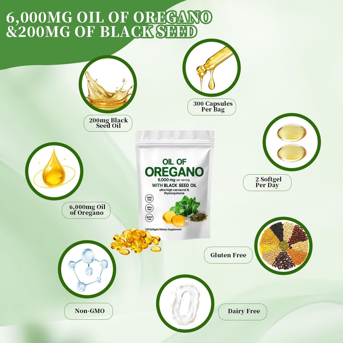 YATIME Oreganoöl mit Schwarzkümmelöl – 2-in-1 Oreganoöl Kapseln Bio, 6000 mg pro Portion, 300 Softgels, 4-fache Stärke Carvacrol & Thymochinon, Non-GMO, Glutenfrei & Immununterstützung