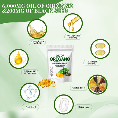 YATIME Oreganoöl mit Schwarzkümmelöl – 2-in-1 Oreganoöl Kapseln Bio, 6000 mg pro Portion, 300 Softgels, 4-fache Stärke Carvacrol & Thymochinon, Non-GMO, Glutenfrei & Immununterstützung