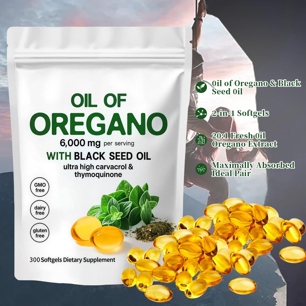 YATIME Oreganoöl mit Schwarzkümmelöl – 2-in-1 Oreganoöl Kapseln Bio, 6000 mg pro Portion, 300 Softgels, 4-fache Stärke Carvacrol & Thymochinon, Non-GMO, Glutenfrei & Immununterstützung