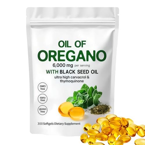 YATIME Oreganoöl mit Schwarzkümmelöl – 2-in-1 Oreganoöl Kapseln Bio, 6000 mg pro Portion, 300 Softgels, 4-fache Stärke Carvacrol & Thymochinon, Non-GMO, Glutenfrei & Immununterstützung