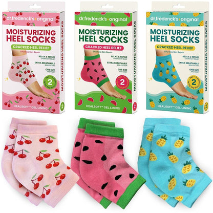 Dr. Frederick's Original Feuchtigkeitsspendende Fersensocken für trockene, rissige Fersen – 3 Paare – mit Kokosöl und Mangobutter – Sommerprint
