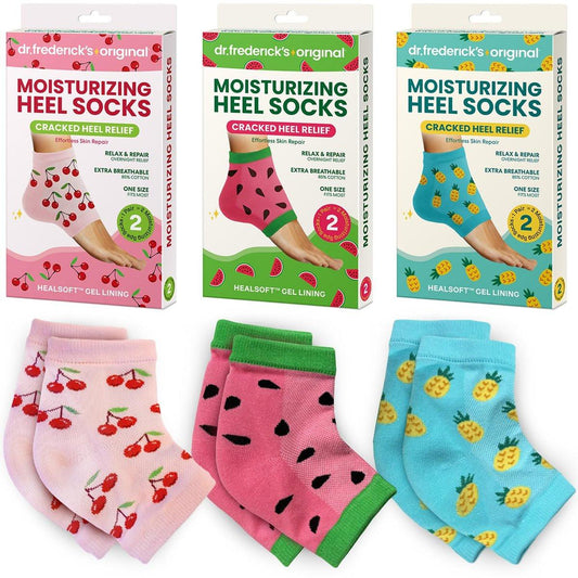 Dr. Frederick's Original Feuchtigkeitsspendende Fersensocken für trockene, rissige Fersen – 3 Paare – mit Kokosöl und Mangobutter – Sommerprint