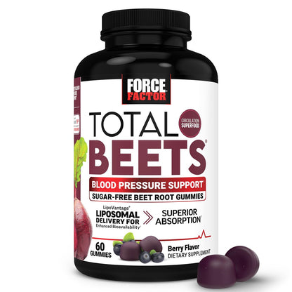 Force Factor Total Beets Gummies – Blutdruckunterstützung, liposomales Rote-Bete-Pulver, Zuckerfrei, gemischte Beeren, 60 Gummis