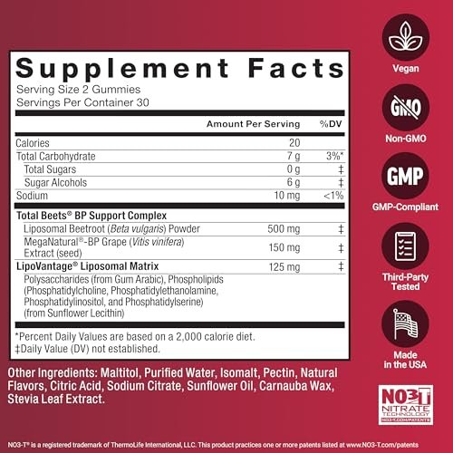 Force Factor Total Beets Gummies – Blutdruckunterstützung, liposomales Rote-Bete-Pulver, Zuckerfrei, gemischte Beeren, 60 Gummis