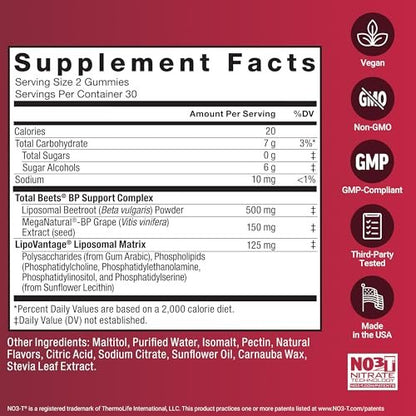 Force Factor Total Beets Gummies – Blutdruckunterstützung, liposomales Rote-Bete-Pulver, Zuckerfrei, gemischte Beeren, 60 Gummis