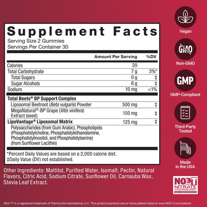 Force Factor Total Beets Gummies – Blutdruckunterstützung, liposomales Rote-Bete-Pulver, Zuckerfrei, gemischte Beeren, 60 Gummis
