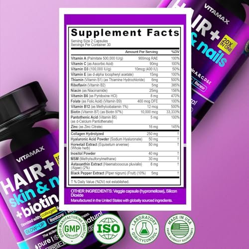 Biotin | Kollagen | Keratin Booster mit Hyaluronsäure – Kräftigeres Haarwachstum, Gesunde Haut & Stärkere Nägel – Extra stark – Multi-Vitamin-B-Komplex – Für Frauen & Männer – Hergestellt in den USA – 60 Kapseln
