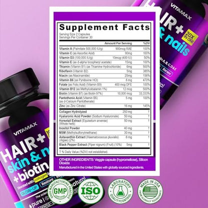 Biotin | Kollagen | Keratin Booster mit Hyaluronsäure – Kräftigeres Haarwachstum, Gesunde Haut & Stärkere Nägel – Extra stark – Multi-Vitamin-B-Komplex – Für Frauen & Männer – Hergestellt in den USA – 60 Kapseln