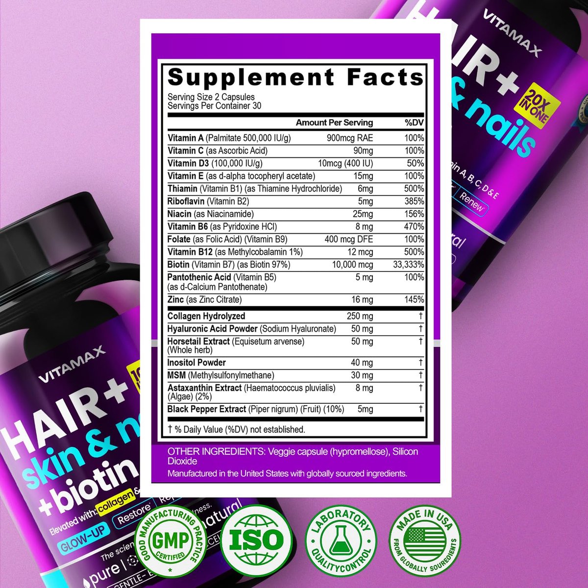 Biotin | Kollagen | Keratin Booster mit Hyaluronsäure – Kräftigeres Haarwachstum, Gesunde Haut & Stärkere Nägel – Extra stark – Multi-Vitamin-B-Komplex – Für Frauen & Männer – Hergestellt in den USA – 60 Kapseln