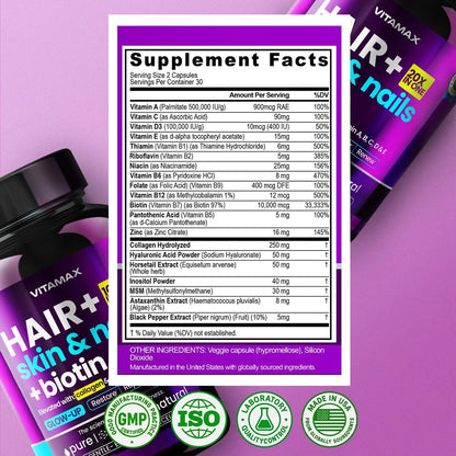 Biotin | Kollagen | Keratin Booster mit Hyaluronsäure – Kräftigeres Haarwachstum, Gesunde Haut & Stärkere Nägel – Extra stark – Multi-Vitamin-B-Komplex – Für Frauen & Männer – Hergestellt in den USA – 60 Kapseln