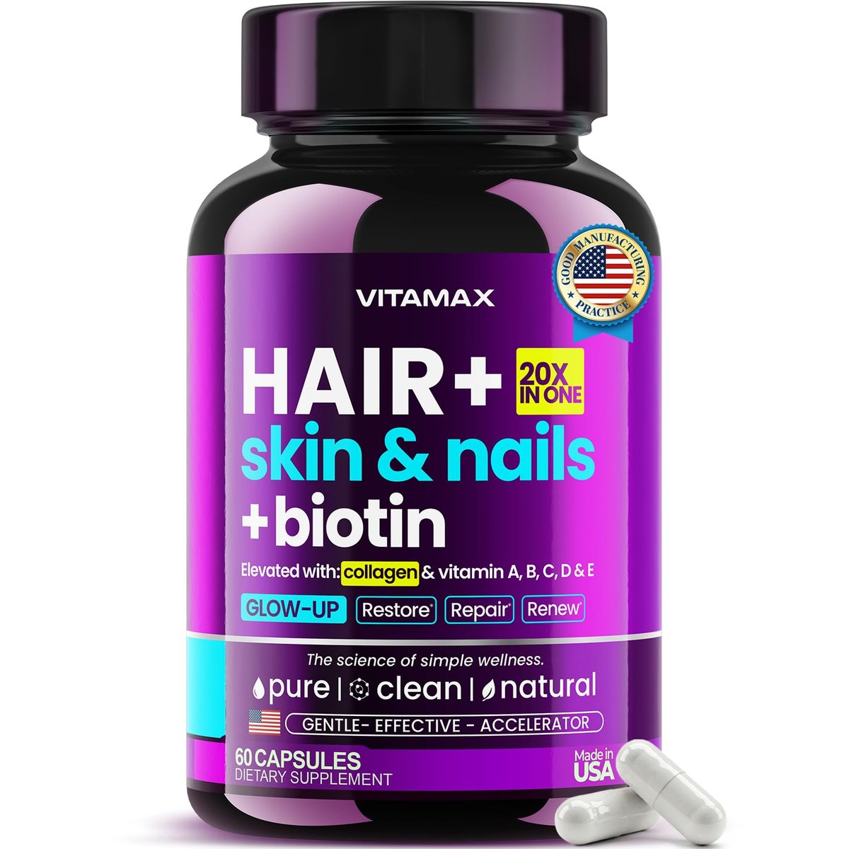 Biotin | Kollagen | Keratin Booster mit Hyaluronsäure – Kräftigeres Haarwachstum, Gesunde Haut & Stärkere Nägel – Extra stark – Multi-Vitamin-B-Komplex – Für Frauen & Männer – Hergestellt in den USA – 60 Kapseln