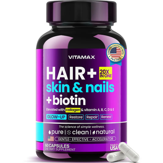 Biotin | Kollagen | Keratin Booster mit Hyaluronsäure – Kräftigeres Haarwachstum, Gesunde Haut & Stärkere Nägel – Extra stark – Multi-Vitamin-B-Komplex – Für Frauen & Männer – Hergestellt in den USA – 60 Kapseln