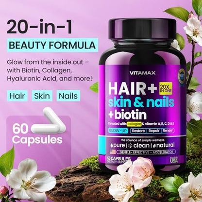 Biotin | Kollagen | Keratin Booster mit Hyaluronsäure – Kräftigeres Haarwachstum, Gesunde Haut & Stärkere Nägel – Extra stark – Multi-Vitamin-B-Komplex – Für Frauen & Männer – Hergestellt in den USA – 60 Kapseln