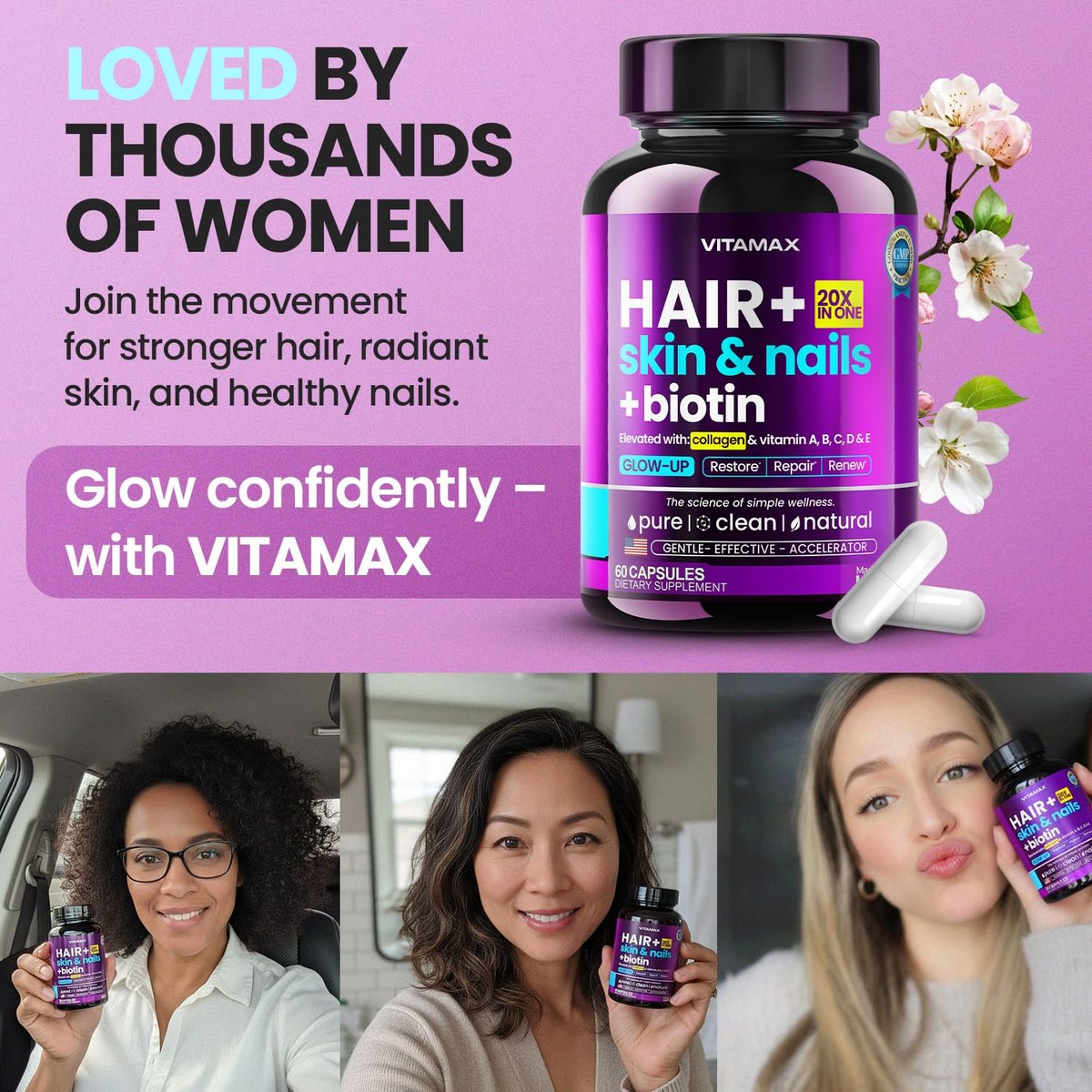 Biotin | Kollagen | Keratin Booster mit Hyaluronsäure – Kräftigeres Haarwachstum, Gesunde Haut & Stärkere Nägel – Extra stark – Multi-Vitamin-B-Komplex – Für Frauen & Männer – Hergestellt in den USA – 60 Kapseln