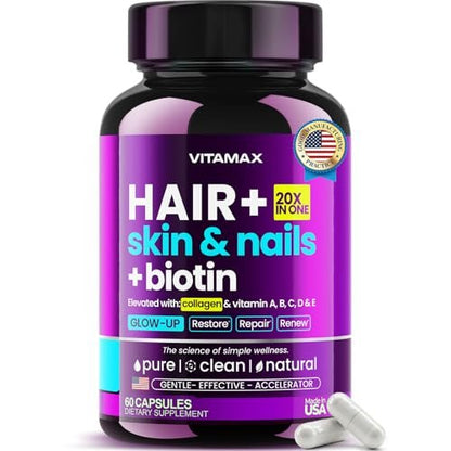Biotin | Kollagen | Keratin Booster mit Hyaluronsäure – Kräftigeres Haarwachstum, Gesunde Haut & Stärkere Nägel – Extra stark – Multi-Vitamin-B-Komplex – Für Frauen & Männer – Hergestellt in den USA – 60 Kapseln