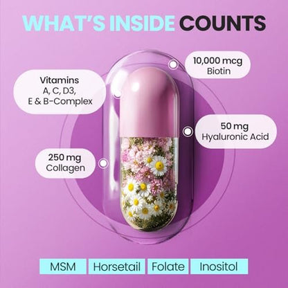 Biotin | Kollagen | Keratin Booster mit Hyaluronsäure – Kräftigeres Haarwachstum, Gesunde Haut & Stärkere Nägel – Extra stark – Multi-Vitamin-B-Komplex – Für Frauen & Männer – Hergestellt in den USA – 60 Kapseln