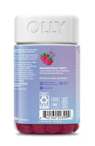 OLLY Entspannende Magnesium Gummibärchen, Unterstützt Muskelentspannung,* Magnesiumcitrat, Himbeer-Lavendel-Geschmack, 30-Tage-Vorrat – 120 Stück