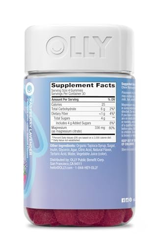 OLLY Entspannende Magnesium Gummibärchen, Unterstützt Muskelentspannung,* Magnesiumcitrat, Himbeer-Lavendel-Geschmack, 30-Tage-Vorrat – 120 Stück