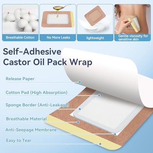 Taoscare 20 Stück Rizinusöl-Pack-Wrap, 13x10 cm selbstklebende Rizinusöl-Pflaster für Bauch, Bauchnabel, Knie, Leber, Einweg-Baumwollflanell, tragbar, auslaufsicher & kein Waschen