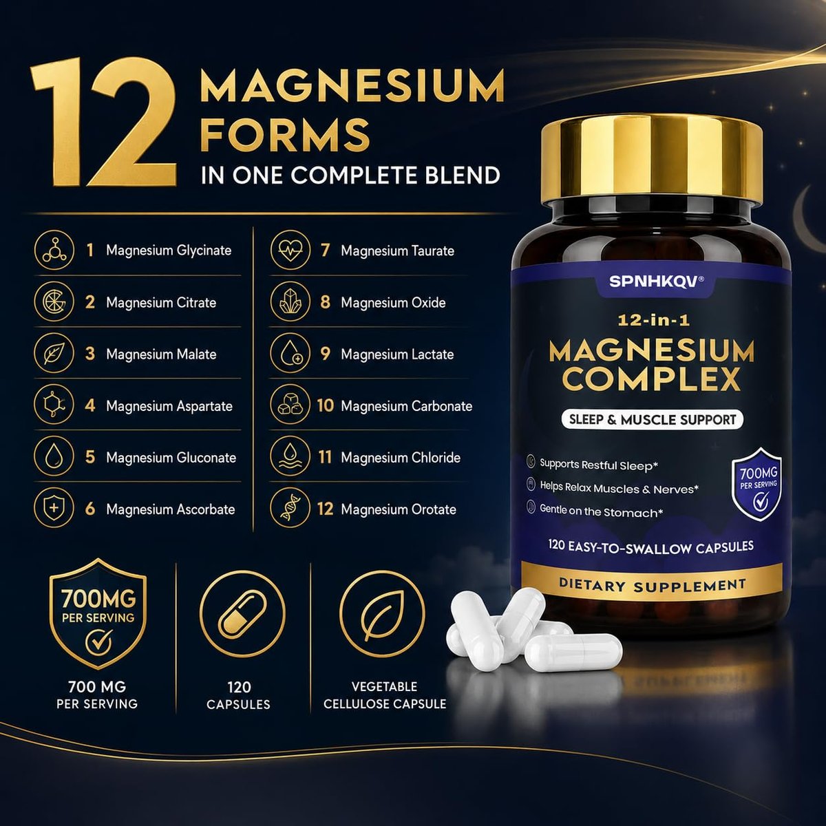 SPNHKQV Magnesium 12-in-1 Komplex – Hochdosiertes Magnesiumglycinat mit 700 mg – Für Muskeln, Nerven & Schlaf – 120 vegane Kapseln für Frauen & Männer