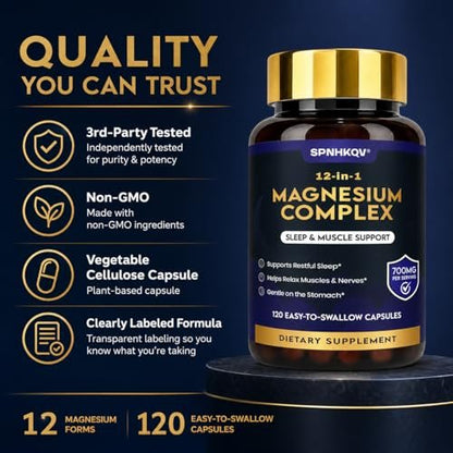 SPNHKQV Magnesium 12-in-1 Komplex – Hochdosiertes Magnesiumglycinat mit 700 mg – Für Muskeln, Nerven & Schlaf – 120 vegane Kapseln für Frauen & Männer