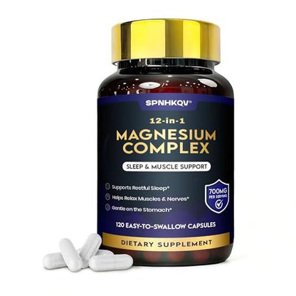 SPNHKQV Magnesium 12-in-1 Komplex – Hochdosiertes Magnesiumglycinat mit 700 mg – Für Muskeln, Nerven & Schlaf – 120 vegane Kapseln für Frauen & Männer