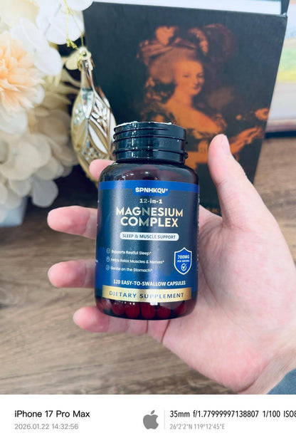 SPNHKQV Magnesium 12-in-1 Komplex – Hochdosiertes Magnesiumglycinat mit 700 mg – Für Muskeln, Nerven & Schlaf – 120 vegane Kapseln für Frauen & Männer