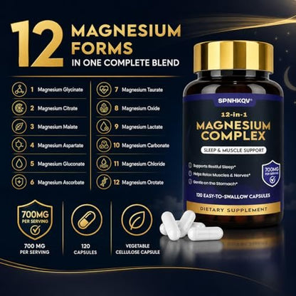 SPNHKQV Magnesium 12-in-1 Komplex – Hochdosiertes Magnesiumglycinat mit 700 mg – Für Muskeln, Nerven & Schlaf – 120 vegane Kapseln für Frauen & Männer