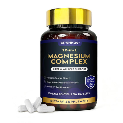 SPNHKQV Magnesium 12-in-1 Komplex – Hochdosiertes Magnesiumglycinat mit 700 mg – Für Muskeln, Nerven & Schlaf – 120 vegane Kapseln für Frauen & Männer