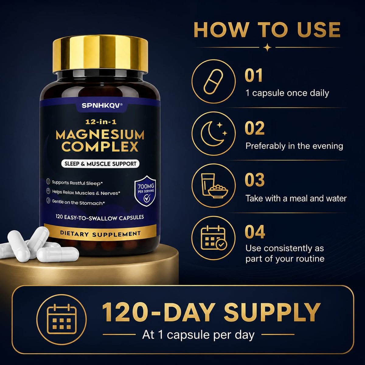 SPNHKQV Magnesium 12-in-1 Komplex – Hochdosiertes Magnesiumglycinat mit 700 mg – Für Muskeln, Nerven & Schlaf – 120 vegane Kapseln für Frauen & Männer