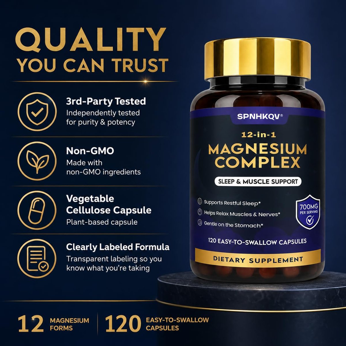 SPNHKQV Magnesium 12-in-1 Komplex – Hochdosiertes Magnesiumglycinat mit 700 mg – Für Muskeln, Nerven & Schlaf – 120 vegane Kapseln für Frauen & Männer