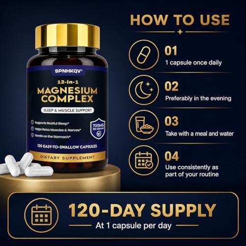 SPNHKQV Magnesium 12-in-1 Komplex – Hochdosiertes Magnesiumglycinat mit 700 mg – Für Muskeln, Nerven & Schlaf – 120 vegane Kapseln für Frauen & Männer